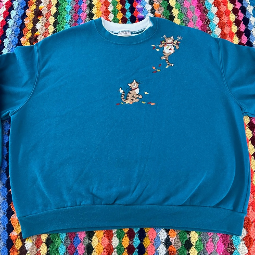 Vintage Y2K Cat Embroidered Patchwork Morning Sun Teal Double Collar Ove… - Picture 2 of 11